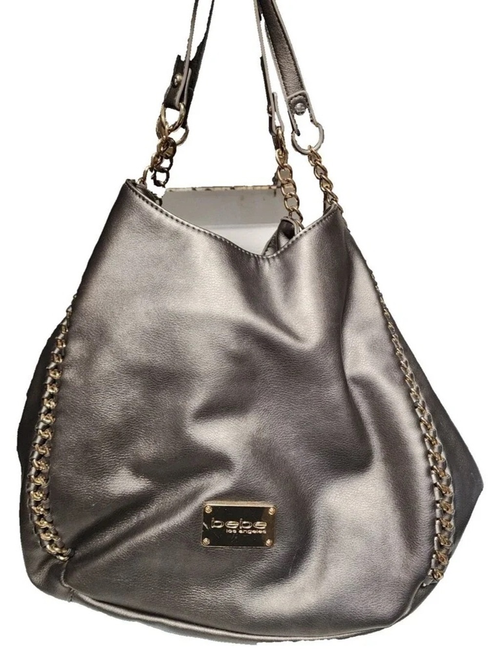 bebe Colette Triple Entry Metallic Gray Chain-Trim Hobo Bag